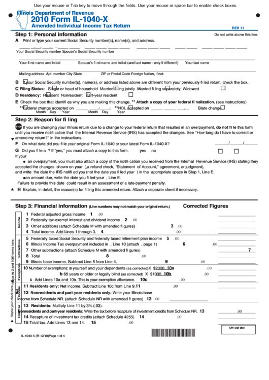 Fillable Form Il-1040-X - Amended Individual Income Tax Return - 2010 Printable pdf