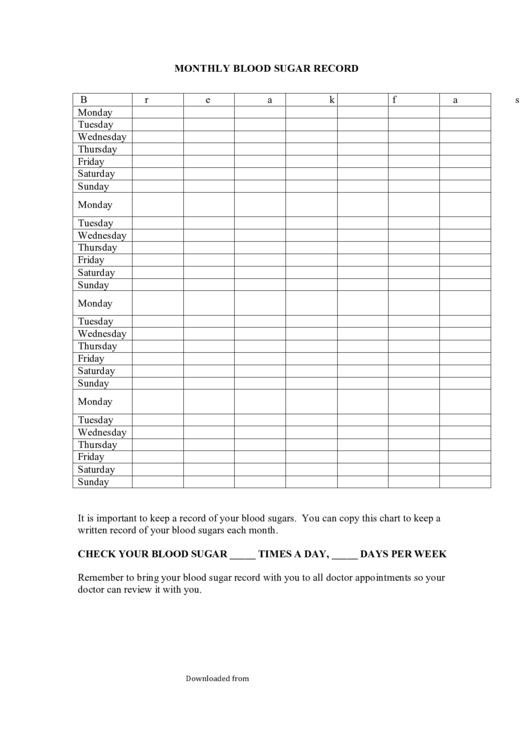 Monthly Blood Sugar Record Template Printable pdf
