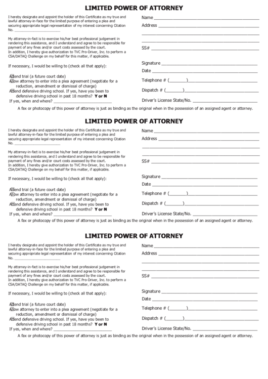 Limited Power Of Attorney Template Printable pdf