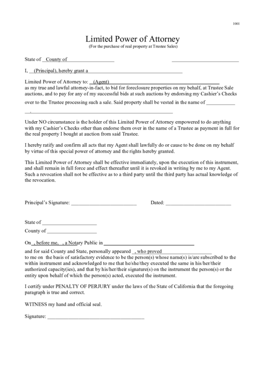 Limited Power Of Attorney Form Printable pdf