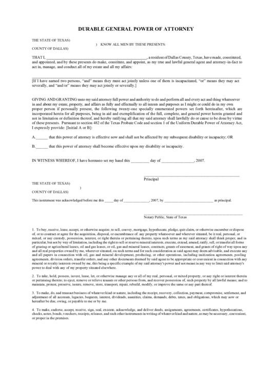 Durable General Power Of Attorney Printable pdf