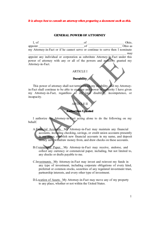 General Power Of Attorney Printable pdf