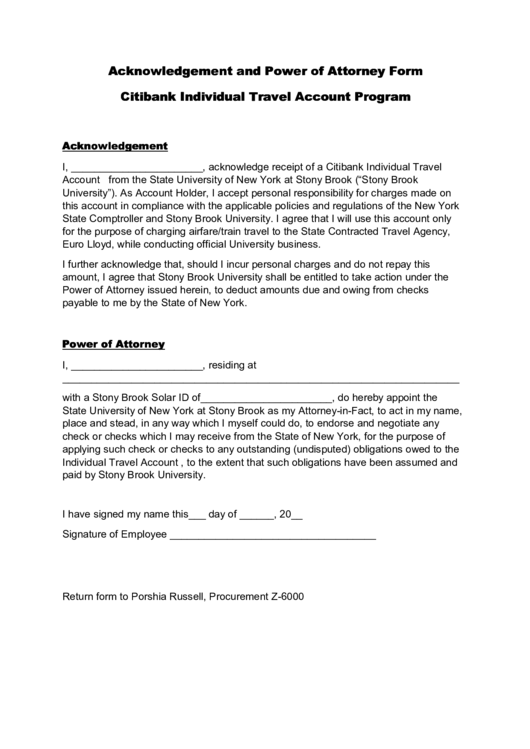 Acknowledgement And Power Of Attorney Form Printable pdf