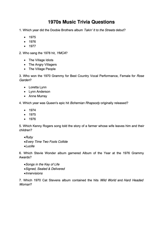Fillable 1970s Music Trivia Test Template With Answer Sheet Printable pdf