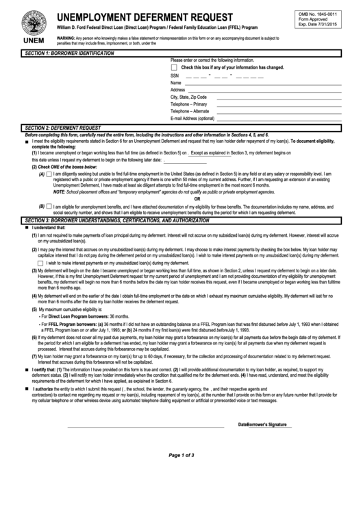 Fillable Unemployment Deferment Request - Osla Printable pdf