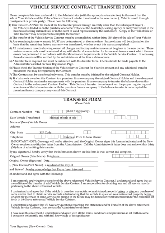 Fillable Vehicle Service Contract Transfer Form Transfer Form - Warrantech Printable pdf