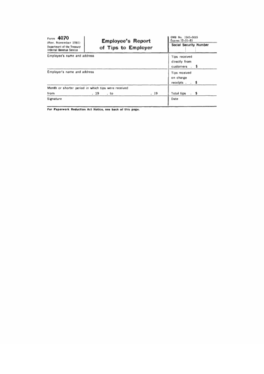 Form 4070 Employee's Report Of Tips To Employer printable pdf download