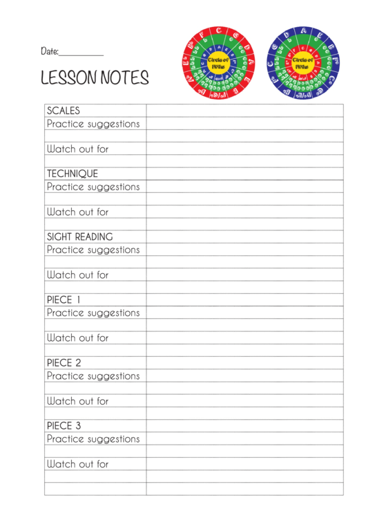 Circle Of Fifths Lesson Notes Template Printable pdf