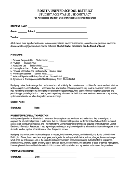 Student Acceptable Use Contract Printable pdf