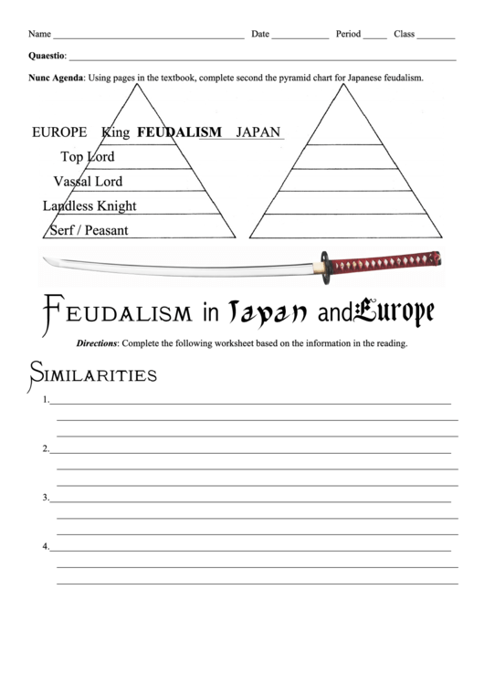 Feudalism In Japan And Europe Worksheet Printable pdf