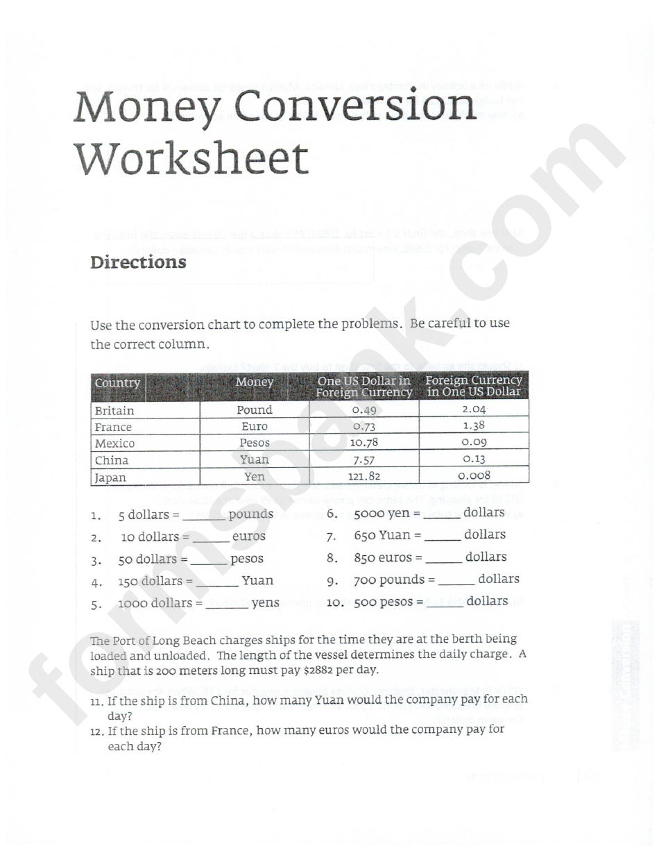 Money Conversion Worksheet