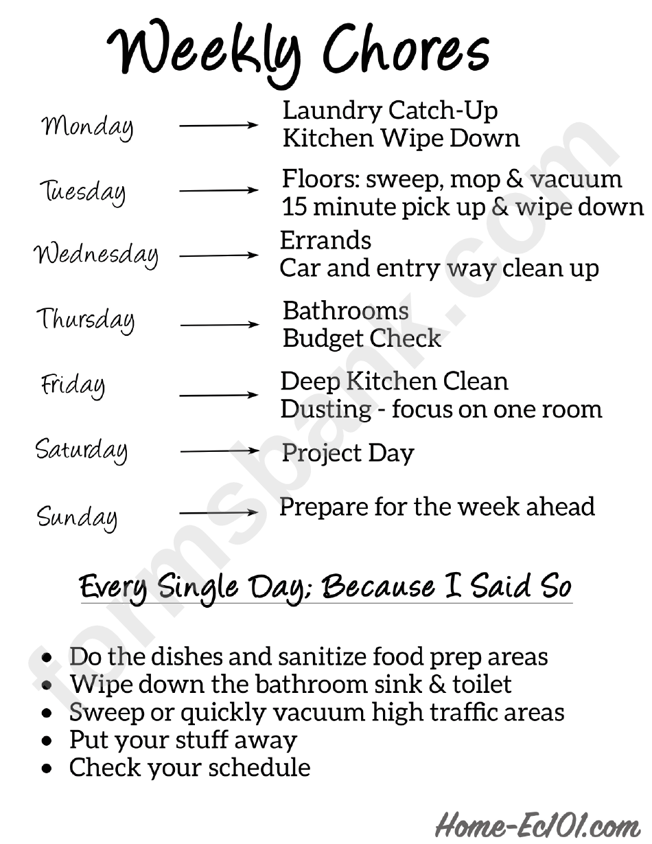 Weekly Household Cleaning Chores List