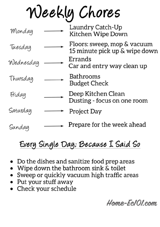 Weekly Household Cleaning Chores List Printable pdf