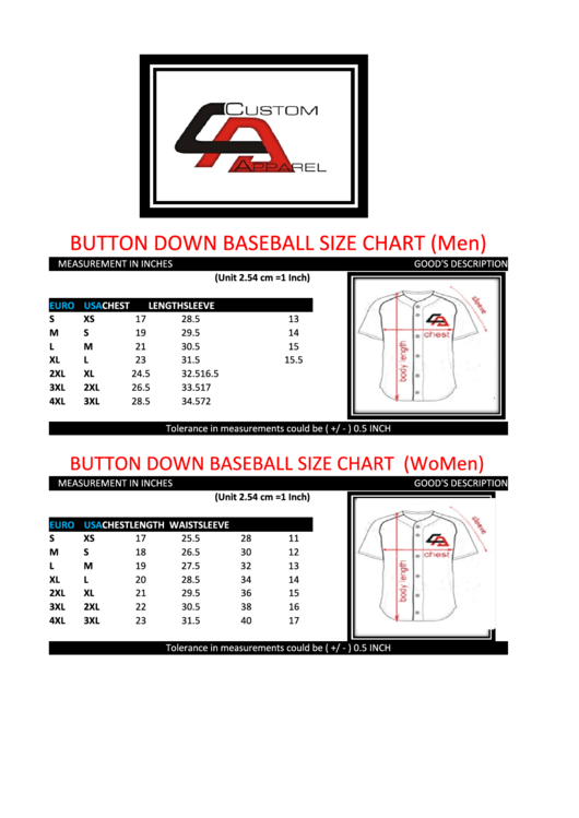 Button Down Baseball Size Chart Printable pdf