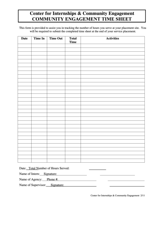 Community Engagement Time Sheet Printable pdf