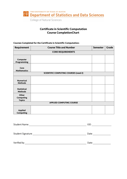 Certificate In Scientific Computation Course Completion Chart Printable pdf