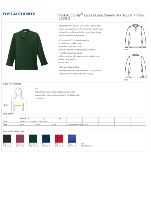 Port Authority Ladies Long Sleeve Silk Touch Polo Size Chart