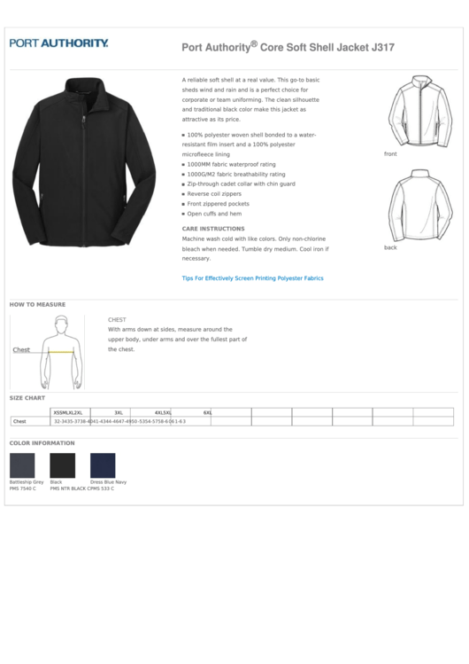 Fillable Port Authority Core Soft Shell Jacket Size Chart Printable pdf