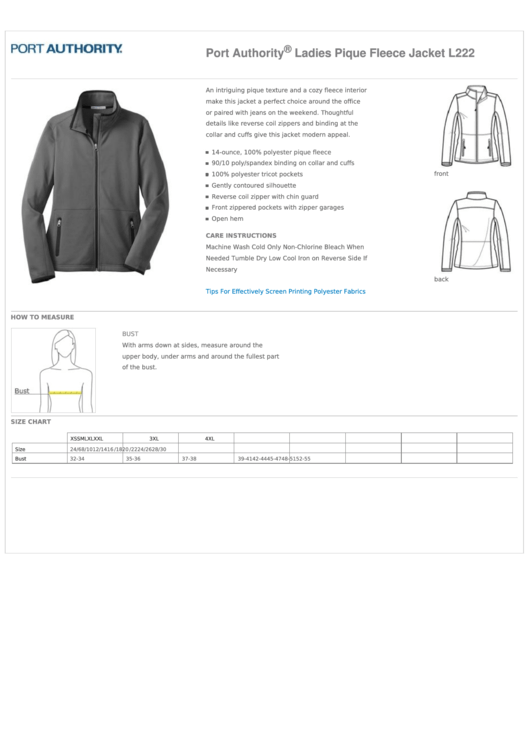 Port Authority Ladies Pique Fleece Jacket Size Chart Printable pdf