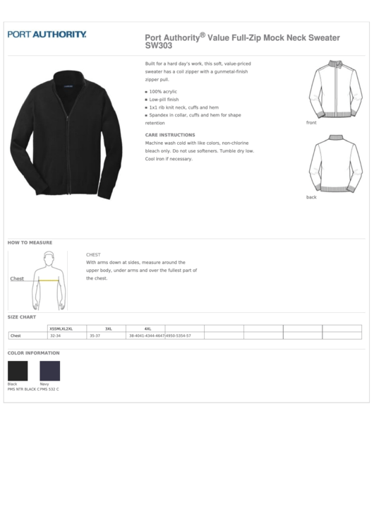 Port Authority Value Full-Zip Mock Neck Sweater Size Chart Printable pdf