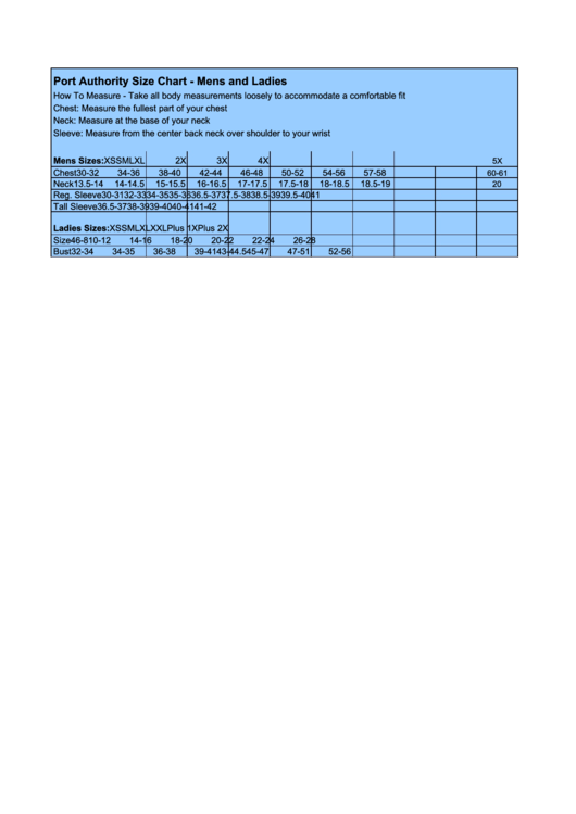 Port Authority Size Chart - Mens And Ladies Printable pdf