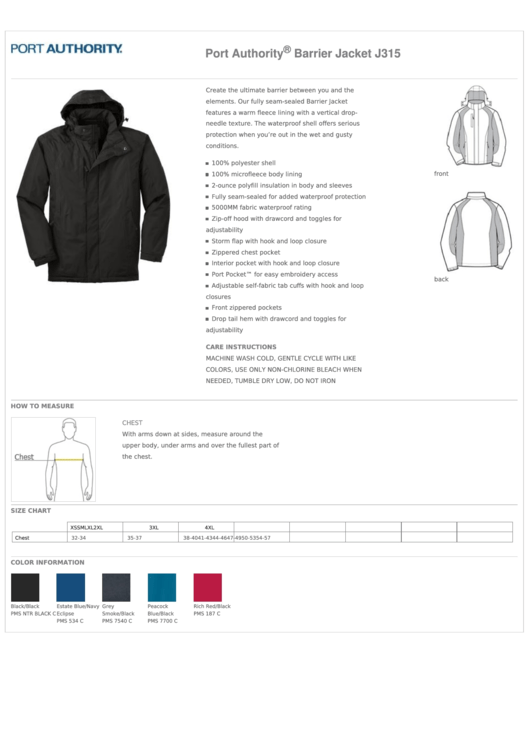 Port Authority Barrier Jacket Size Chart Printable pdf