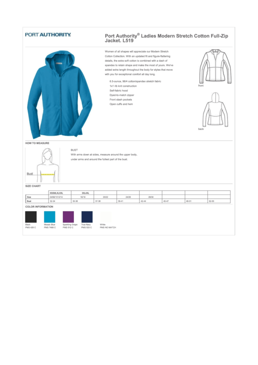 Port Authority Ladies Modern Stretch Cotton FullZip Jacket Size Chart