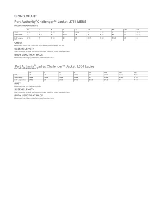 Port Authority Clothing Size Chart Printable pdf