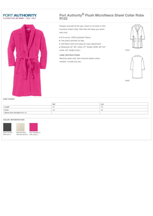 Port Authority Port Authority Plush Microfleece Shawl Collar Robe Size Chart Printable pdf