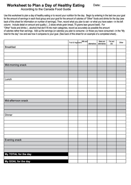 Fillable Worksheet To Plan A Day Of Healthy Eating Printable pdf