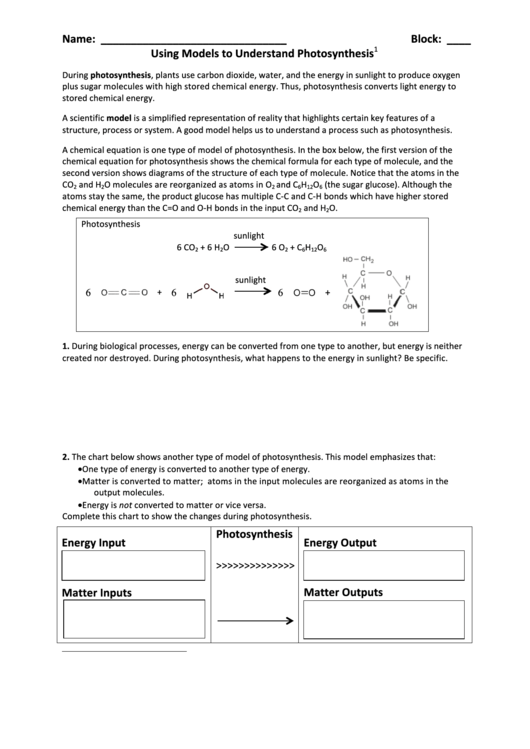 Using Models To Understand Photosynthesis Biology Worksheets Printable pdf