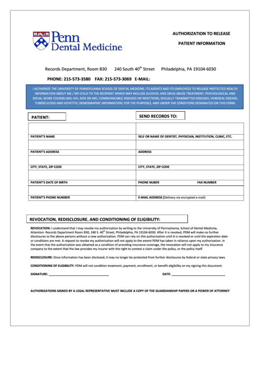 Patient Release Form Penn Dental Medicine