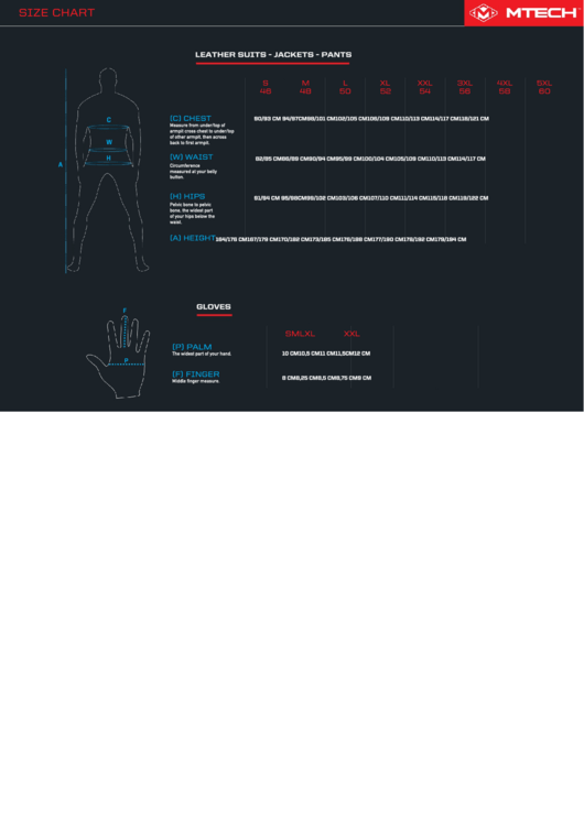 Mtech Leather Suits, Jackets, Pants & Gloves Size Chart Printable pdf