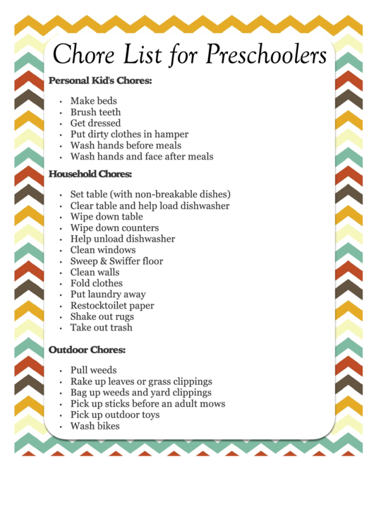 Chore List For Preschoolers Printable pdf