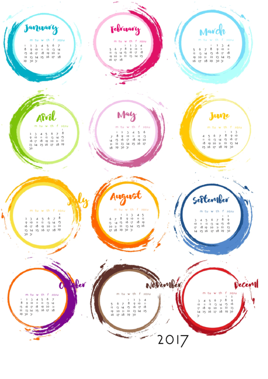 2017 Color Swirls Calendar Template Printable pdf