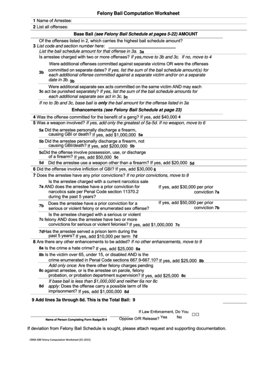Felony Bail Computation Worksheet Printable pdf