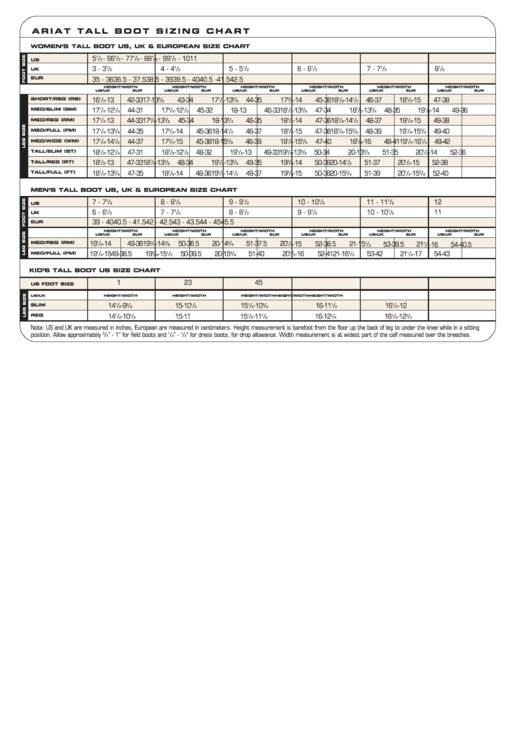 Ariat Tall Boot Sizing Chart Printable pdf