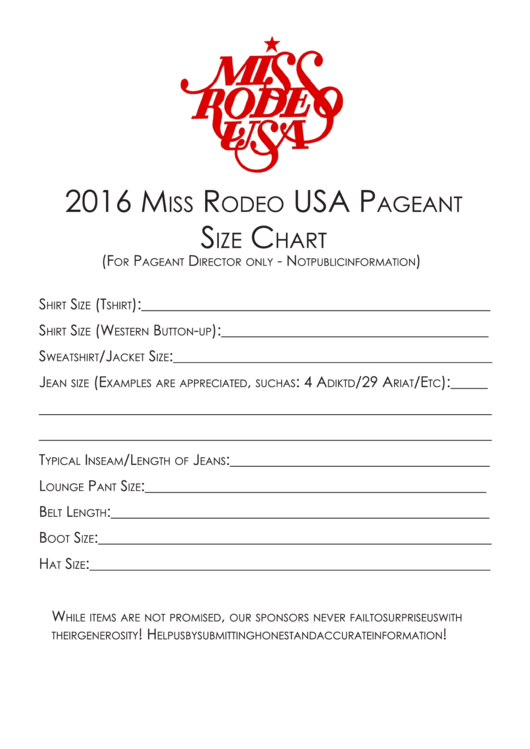 Size Form Miss Rodeo Usa Printable pdf