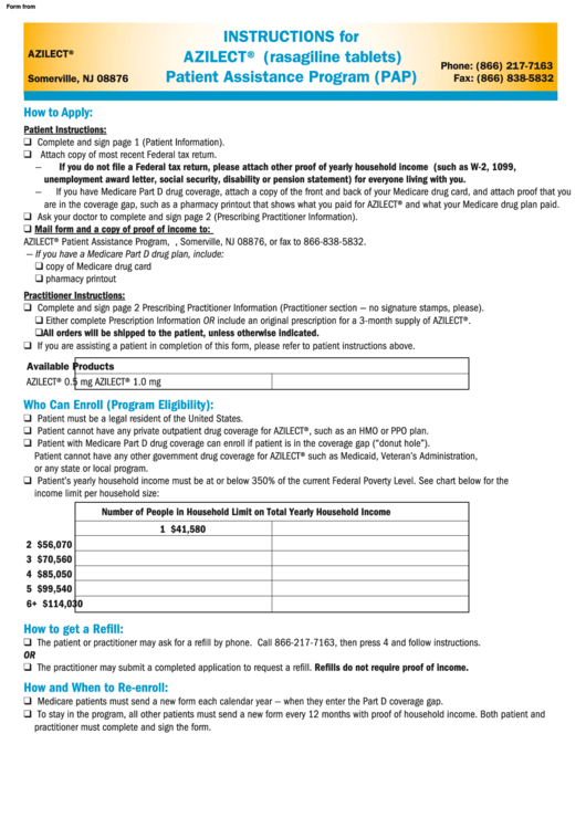 Fillable Azilect Patient Assistance Program - Needymeds Printable pdf