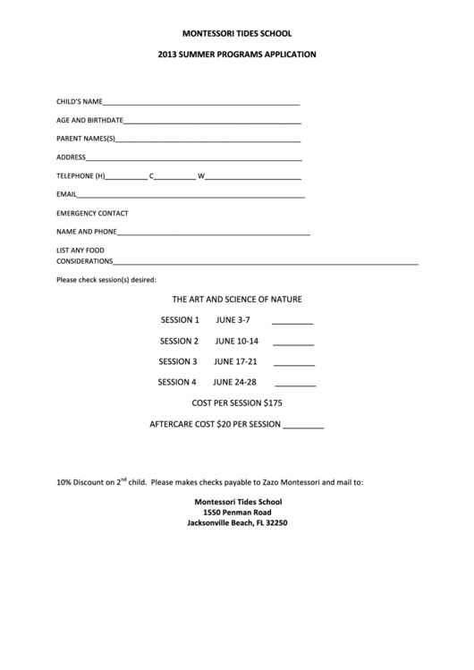 Summer Program Application Printable pdf
