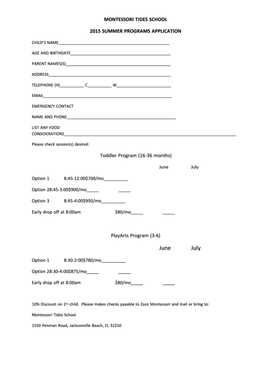 Summer Programs Application Form Printable pdf