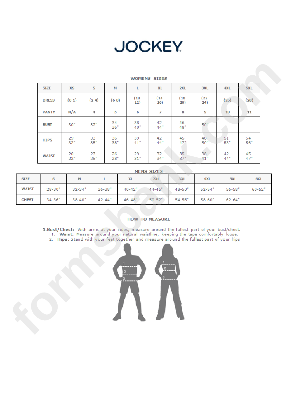 Jockey Underwear Size Chart & Instructions