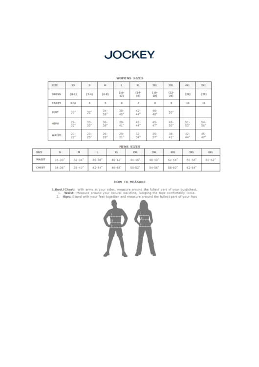 Jockey Underwear Size Chart & Instructions Printable pdf