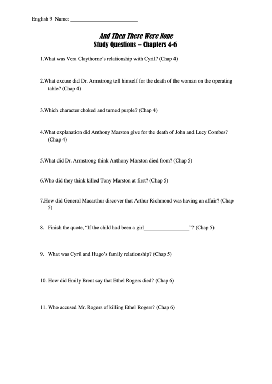 And Then There Were None (Study Questions) - English Worksheet Printable pdf