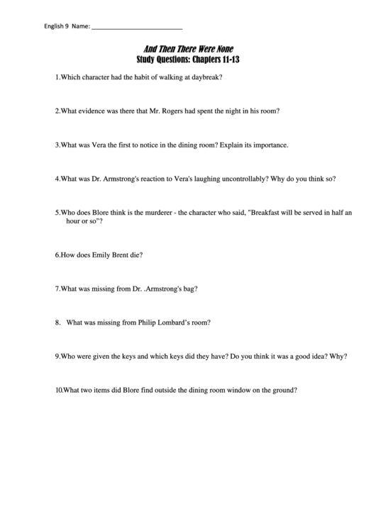 And Then There Were None Study Questions Printable pdf