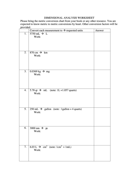 Dimensional Analysis Worksheet Printable pdf