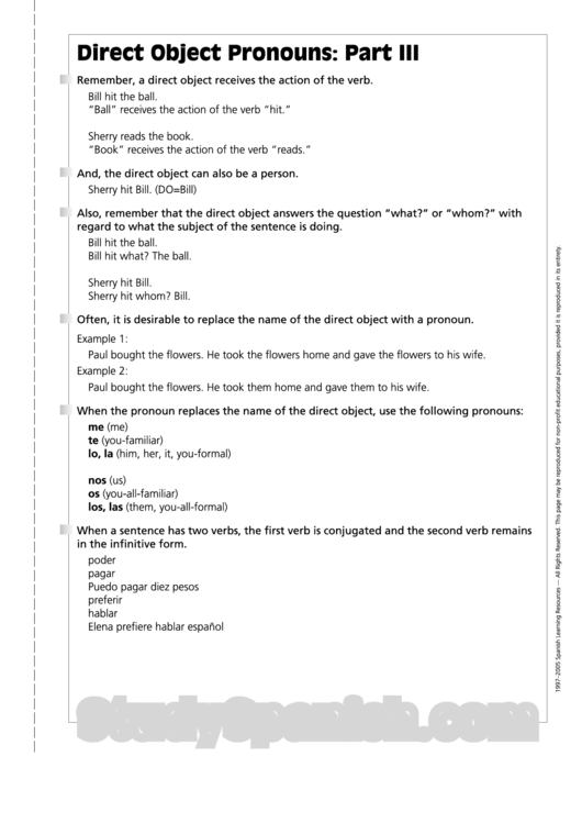 Direct Object Pronouns: Part Iii - Study Spanish Printable pdf