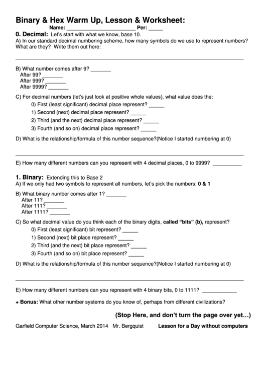 Binary & Hex Warm Up, Lesson & Worksheet - Garfield Cs Printable pdf