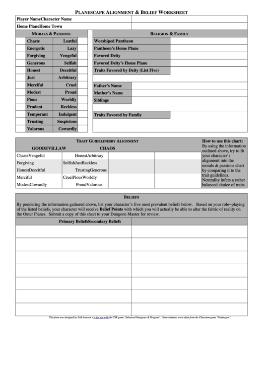 Planescape Alignment & Belief Worksheet Printable pdf