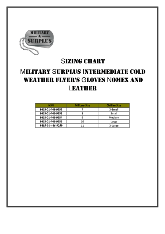 Sizing Chart - Military Surplus Intermediate Cold Weather Flyer's Gloves Nomex And Leather